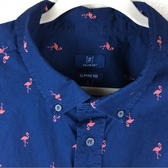 GEORGE CLASSIC FIT NAVY-BLUE PINK FLAMINGO PRINTED CASUAL BUTTON SHIRT MENS 3XL - Picture 3 of 14